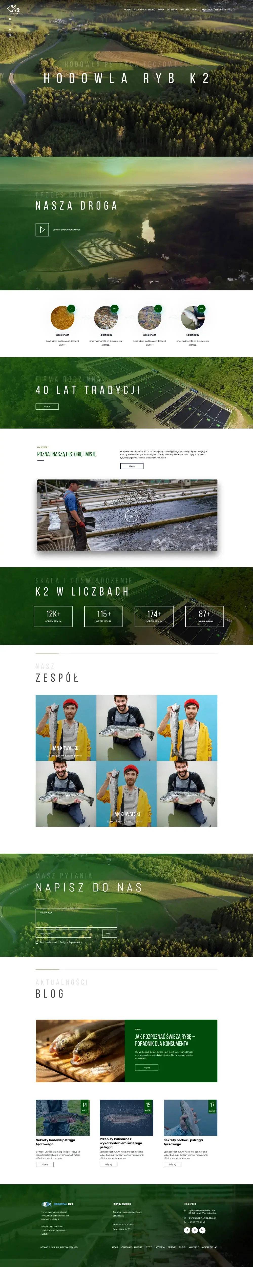 Pełny widok strony głównej Hodowli Ryb K2 – wszystkie sekcje