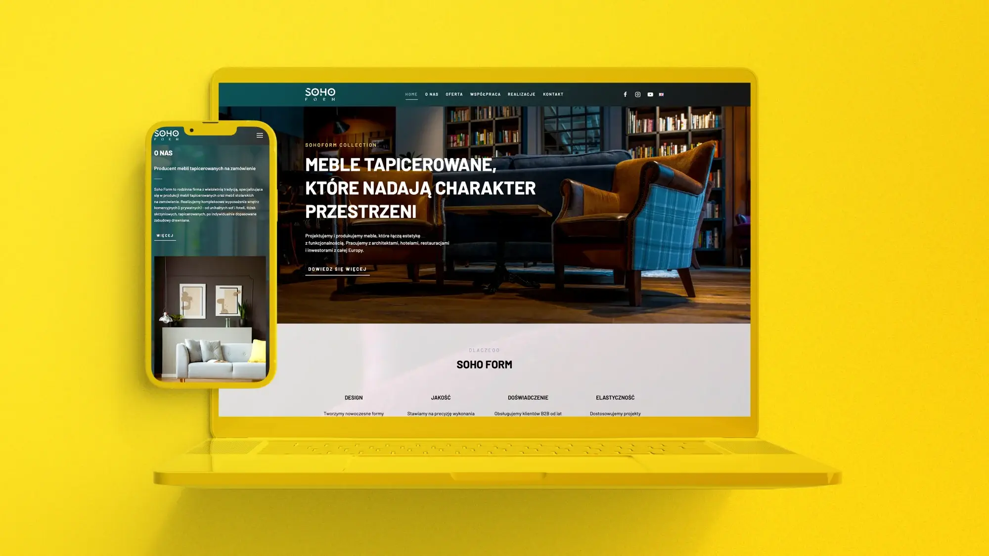 Soho Form website on a laptop and phone, yellow background
